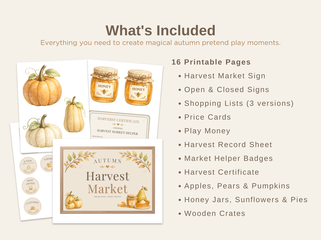 Autumn Harvest Market Pretend Play Kit | Printable Farmers Market