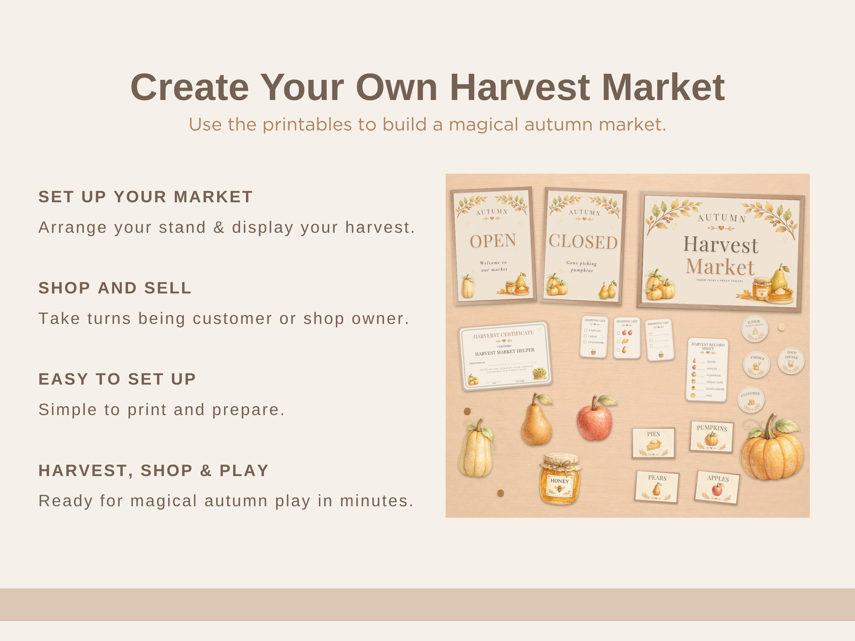 Autumn Harvest Market Pretend Play Kit | Printable Farmers Market