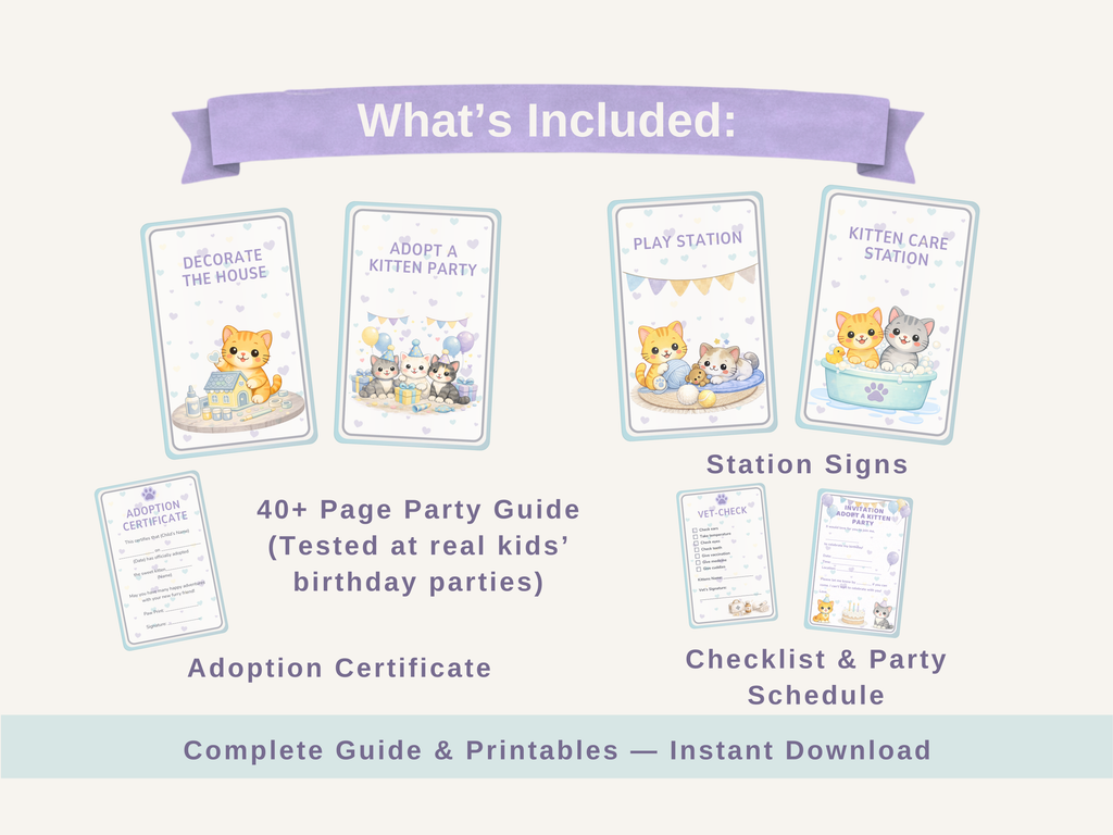 Adopt a Kitten Party Guide | Printable Birthday Party Kit for Kids
